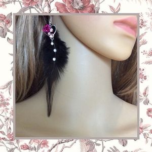 🌺PINK & BLACK RHINESTONE FEATHER EARRINGS BOHO HEART TRIBAL DANGLE BLING CUTE